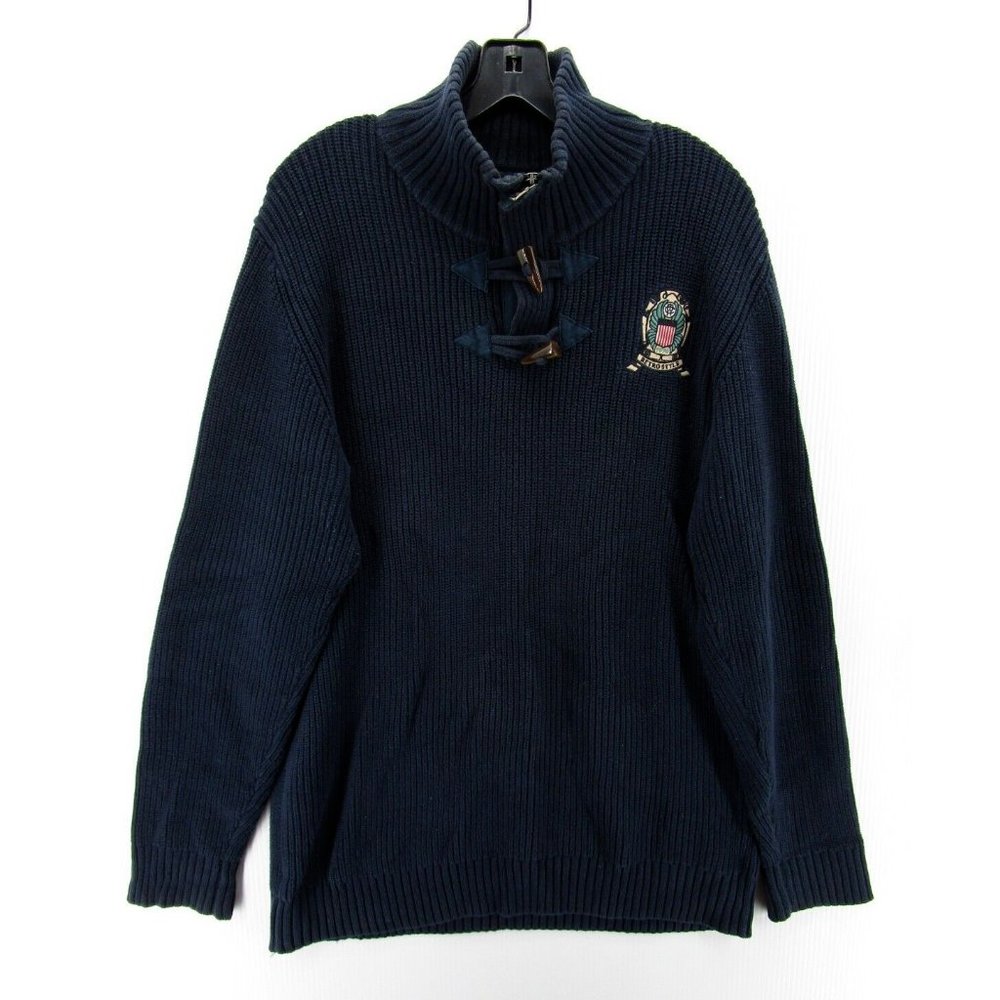 McNeal Sweater Large Pullover Turtleneck Toggle Patch Thick Cotton